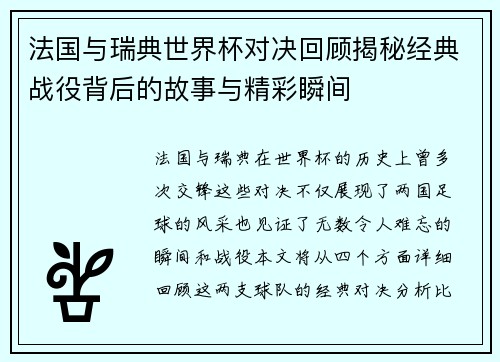 法国与瑞典世界杯对决回顾揭秘经典战役背后的故事与精彩瞬间